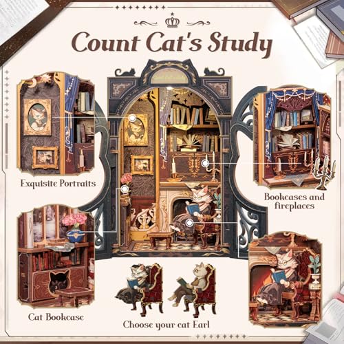 Cutefun مجموعة كيوت فن لركن الكتب - مجموعة منزل مصغر للديكور على الرف، مجموعات ركن الكتب للبالغين والمبتدئين، لغز خشبي ثلاثي الأبعاد، هدية مثالية للعائلة والأصدقاء (دراسة القط)  - Image 5