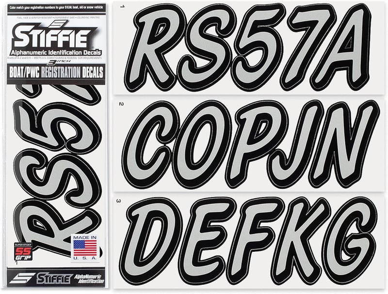 Stiffie Whipline Solid Silver/Black 3" Alpha-Numeric Registration Identification Numbers Stickers Decals for Boats & Personal Watercraft - Image 1
