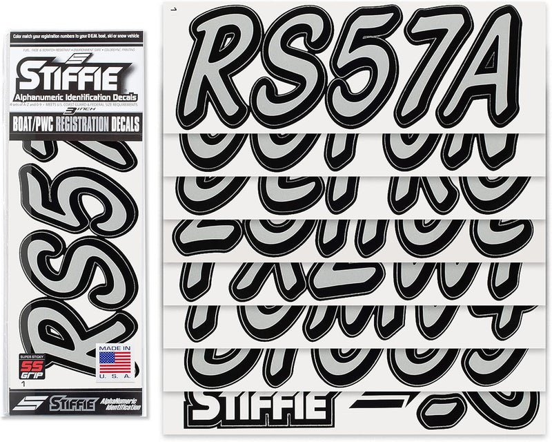 Stiffie Whipline Solid Silver/Black 3" Alpha-Numeric Registration Identification Numbers Stickers Decals for Boats & Personal Watercraft - Image 2