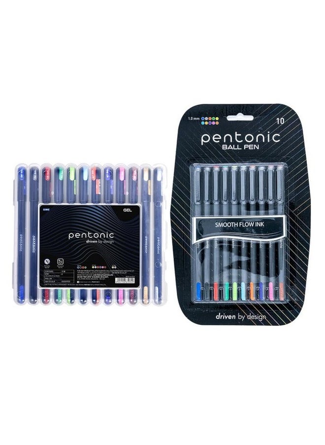 Pentonic Pentonic 0.7 mm Combo Pack of Ball & Gel Pen Set | Multicolor Ink, Pack of 12 & Ball Pen Blister Pack | Multicolor Ink, Pack of 10  - Image 1