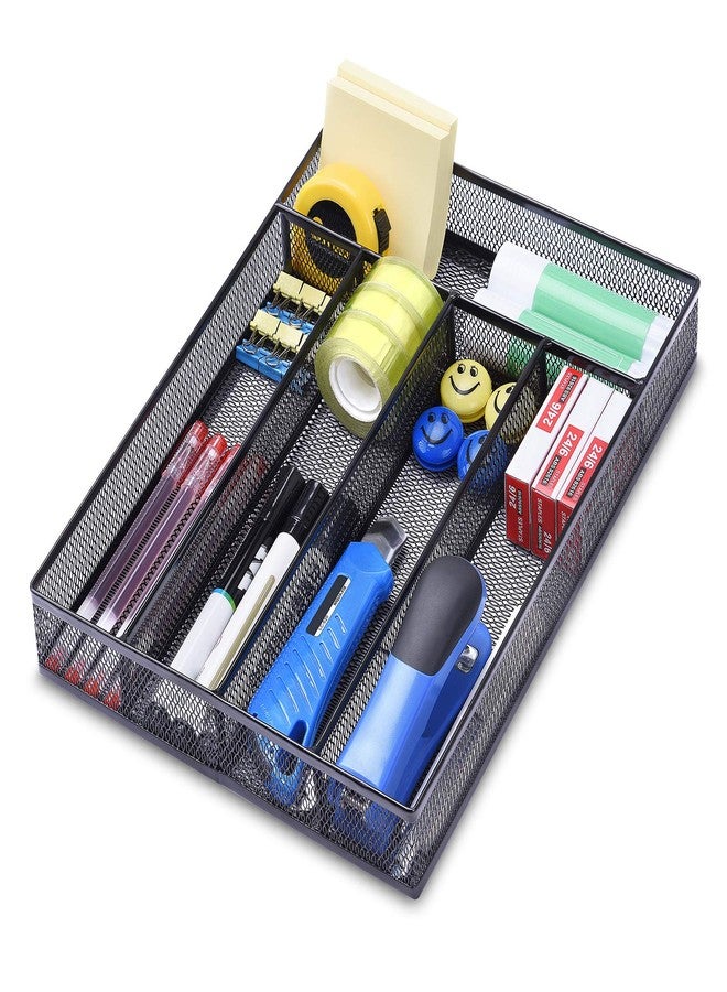 WuGeShop Office Desk Drawer Organizer, 5 Compartments Mesh Drawer Organizer Tray for Storage Art Supplies, Stationery, Black - Image 1