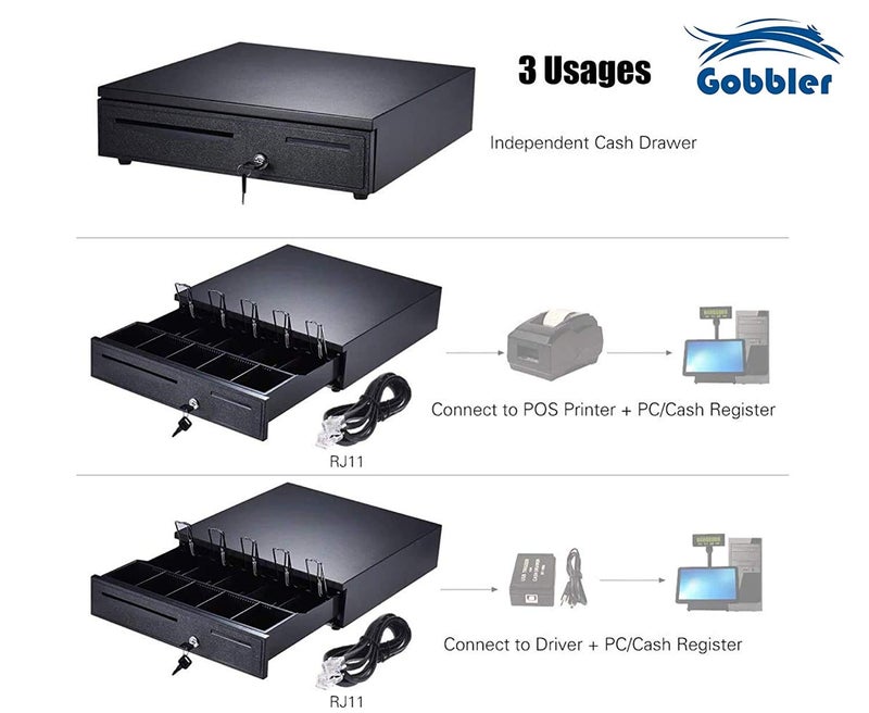 GOBBLER Electronic Metal Cash Drawer for POS with Coin Tray, 5 Bill / 8 Coin (Black) - Image 2