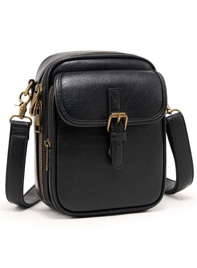 Yarnic Crossbody Bag for Women Men, Vegan Leather Anti-Theft Messenger Shoulder Bag, Vintage Cross Body Purse with Card Slots, Black-leather Strap, Small - Image 1