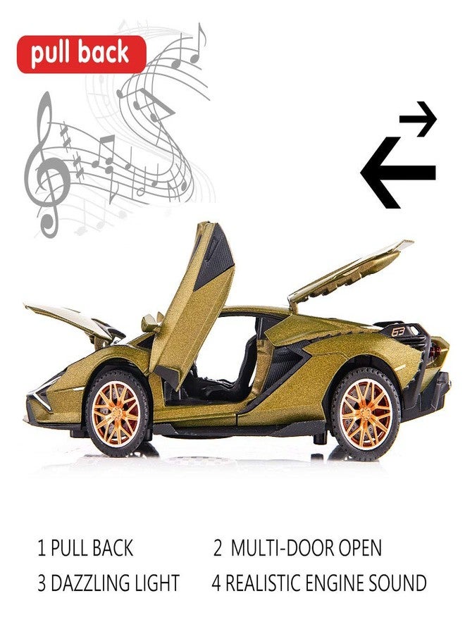 BDTCTK سيارة لعبة نموذجية BDTCTK Lambo Sian FKP37 بمقياس 1:32، مزودة بأصوات وأضواء، تعمل بالسحب للخلف، مصنوعة من سبائك الزنك، هدية مثالية للأطفال (لون أخضر عسكري). - Image 3