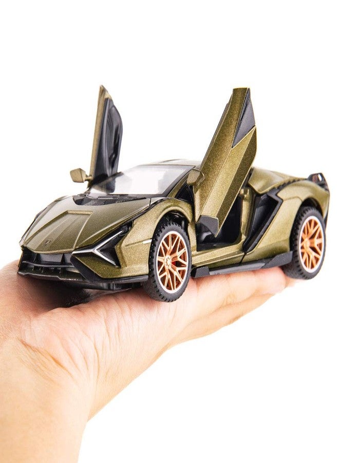 BDTCTK سيارة لعبة نموذجية BDTCTK Lambo Sian FKP37 بمقياس 1:32، مزودة بأصوات وأضواء، تعمل بالسحب للخلف، مصنوعة من سبائك الزنك، هدية مثالية للأطفال (لون أخضر عسكري). - Image 5