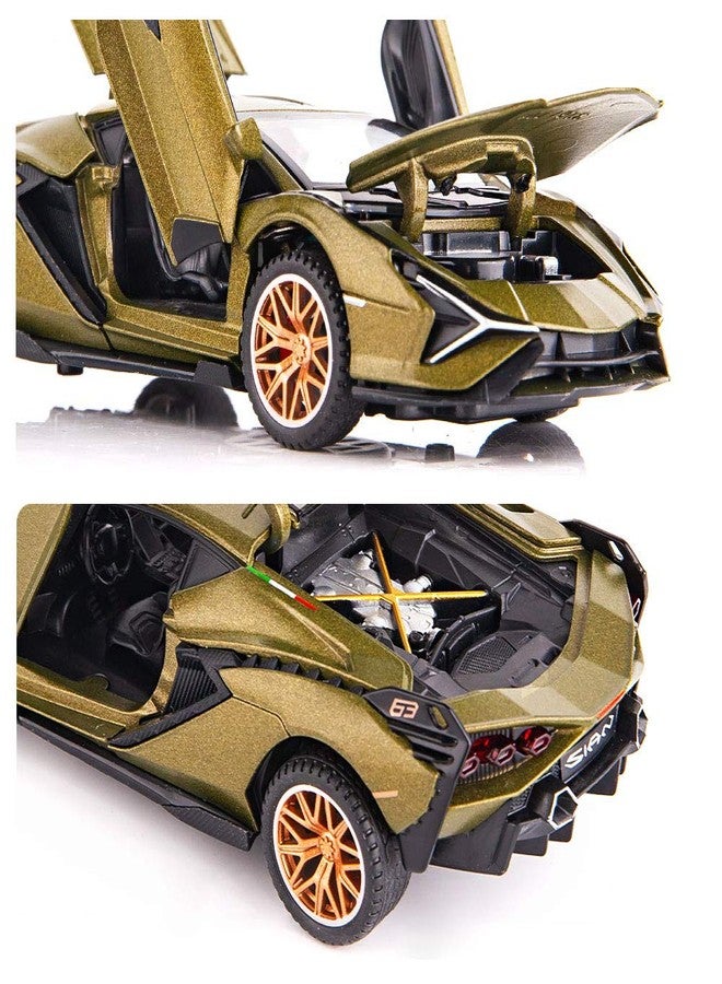 BDTCTK سيارة لعبة نموذجية BDTCTK Lambo Sian FKP37 بمقياس 1:32، مزودة بأصوات وأضواء، تعمل بالسحب للخلف، مصنوعة من سبائك الزنك، هدية مثالية للأطفال (لون أخضر عسكري). - Image 4