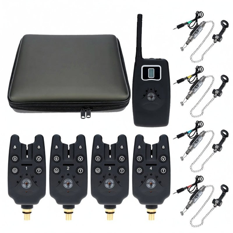 COONOR Wireless Digital Fishing LED Alarm Alert Set 4 Fishing Bite Alarm + 1 Receiver with LCD Screen Indicator + 4 Stainless Steel Chain Hanger Illuminated Swinger in Case Carp Fishing - Image 1