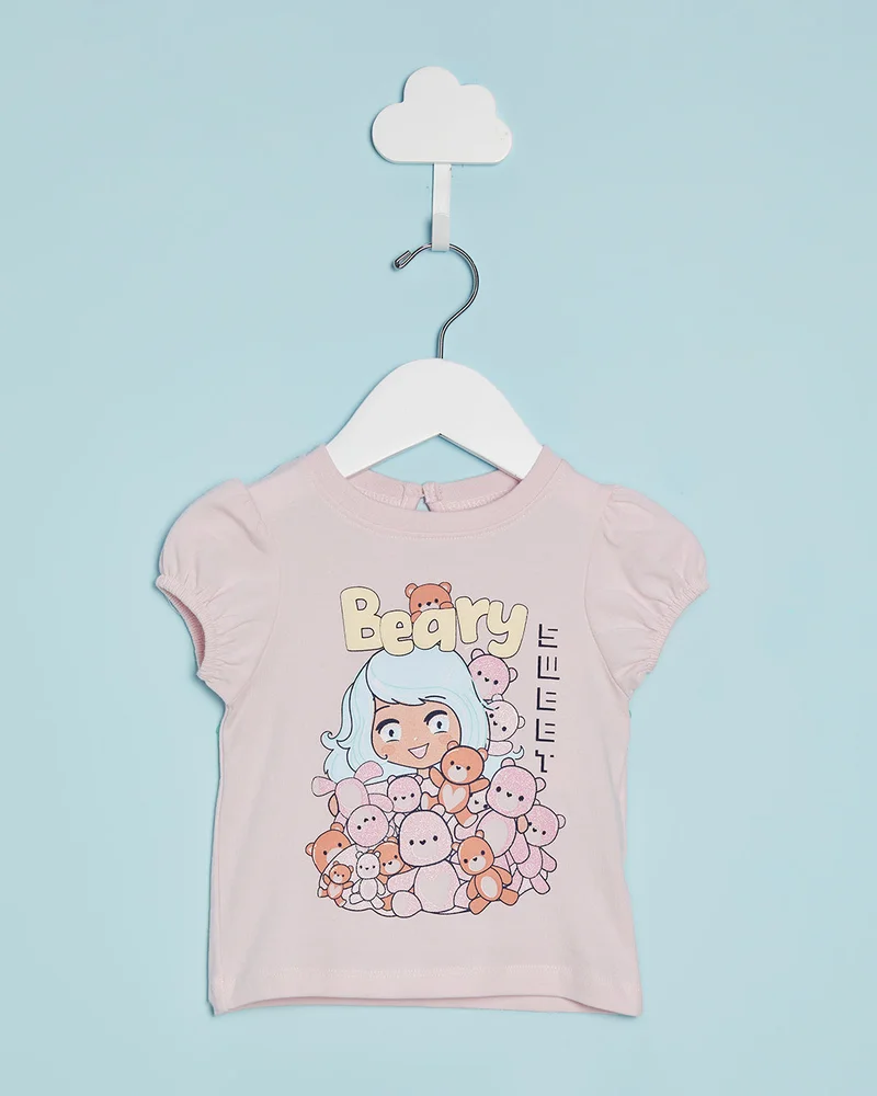 Redtag Infant Girls Pink Beary Print T-Shirt