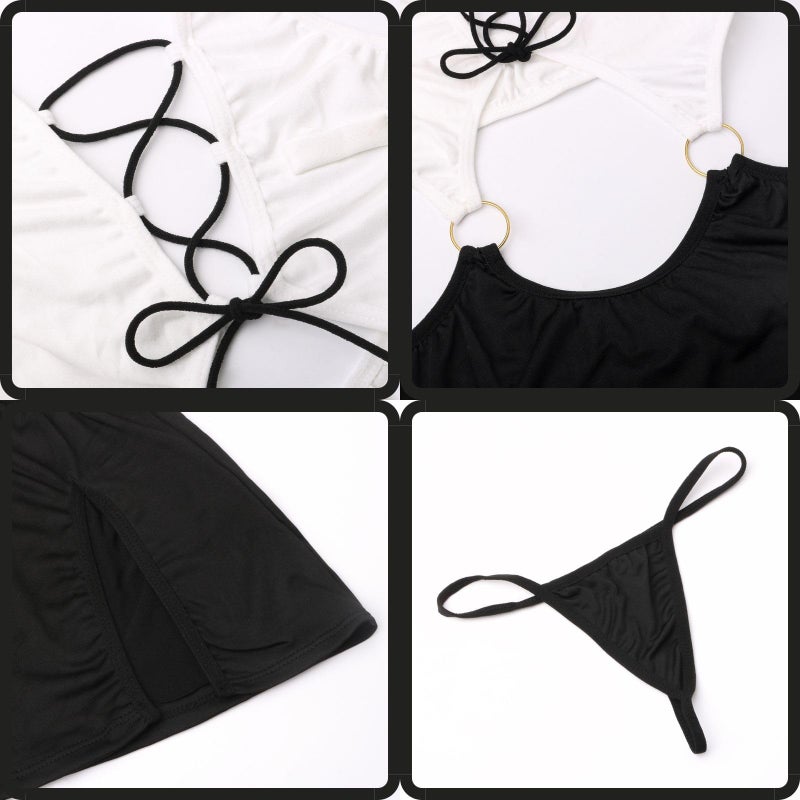 ROSVAJFY Women Sexy Office Secretary Outfit Costume Sleeveless Cosplay Lingerie Teacher Dress Uniform Office Lady Role Play Bodysuit 2 Pieces Halloween Babydoll Fancy Dress Top+Mini Skirt+G-String - Image 3