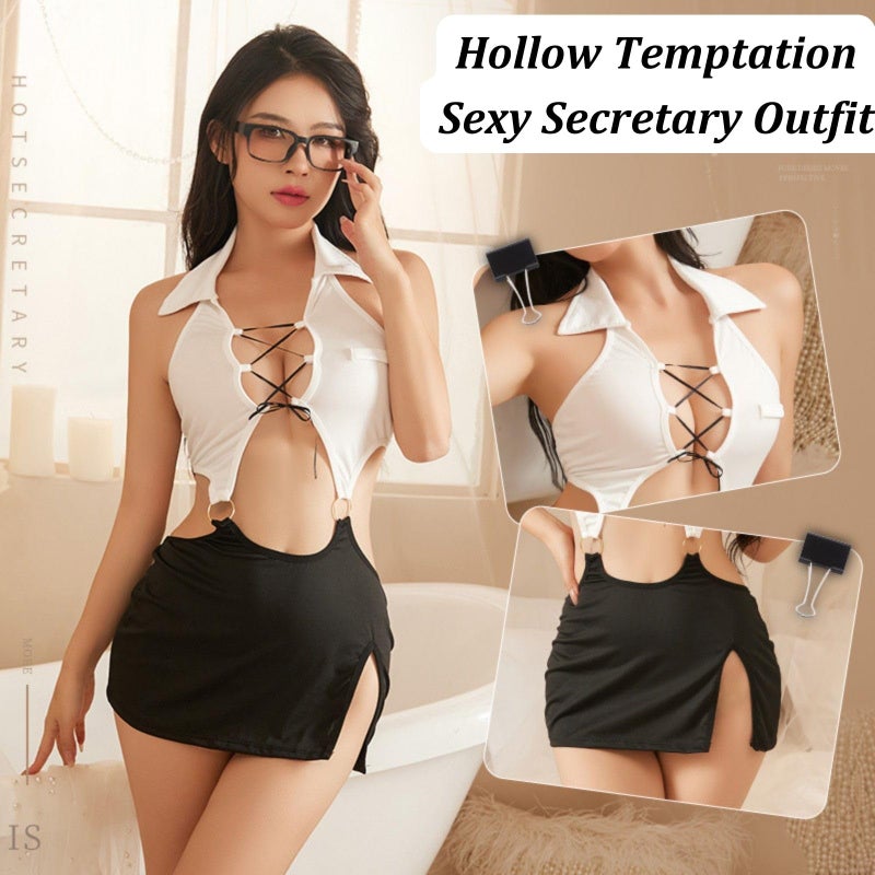ROSVAJFY Women Sexy Office Secretary Outfit Costume Sleeveless Cosplay Lingerie Teacher Dress Uniform Office Lady Role Play Bodysuit 2 Pieces Halloween Babydoll Fancy Dress Top+Mini Skirt+G-String - Image 5