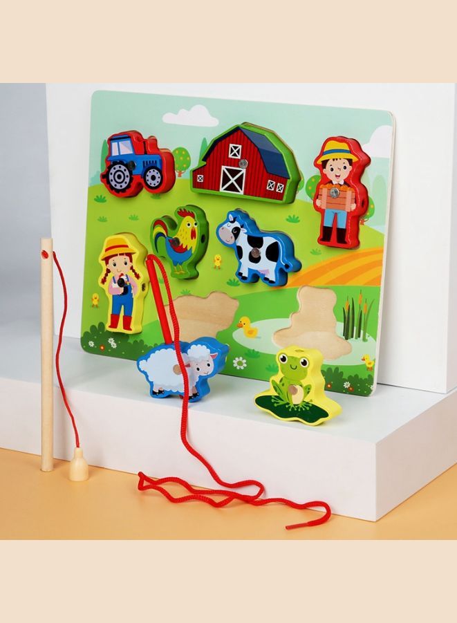 مجموعة ألعاب الصيد المغناطيسية الخشبية مع صنارة السمك ، ألعاب قضيب السمكة الإدراكية بين الوالدين والطفل ، لعبة تعليمية مبكرة تفاعلية ، مزرعة - Image 1