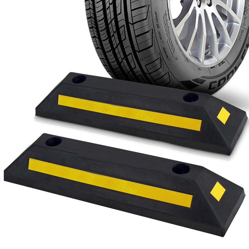 Pyle 2Pack Heavy Duty Rubber Wheel Stops for Garage Parking Durable HighVisibility Tire Blocks for Cars Trucks Vans RVs Trailers Forklifts Reflective Safety Strip Included