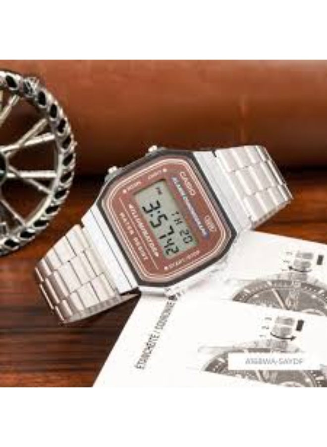 كاسيو ساعة كاسيو الكلاسيكية الرقمية للجنسين - مينا بني، حزام فضي من الفولاذ المقاوم للصدأ - Image 2