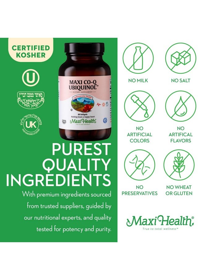 ماكسي هيلث - CoQ10 Ubiquinol - كبسولات CoQ10 اللينة 100 مجم - مكمل كو كيو 10 لصحة القلب والأوعية الدموية - امتصاص فائق - مكمل كو كيو 10 Ubiquinol 100 مجم لطاقة الخلايا - إنزيم CoQ 10 (60 كبسولة) - Image 1