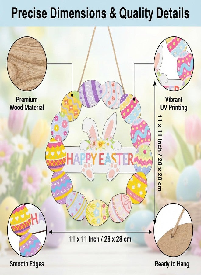 Funnysign Vintage Wooden Easter Decor Hollow Bunny Eggs Wreath Sign for Front Door Entryway Living Room Kids Room Office Decor 11×11 Inch - Image 2