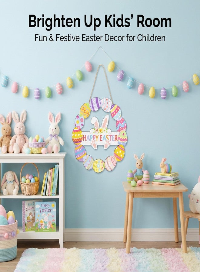 Funnysign Vintage Wooden Easter Decor Hollow Bunny Eggs Wreath Sign for Front Door Entryway Living Room Kids Room Office Decor 11×11 Inch - Image 4