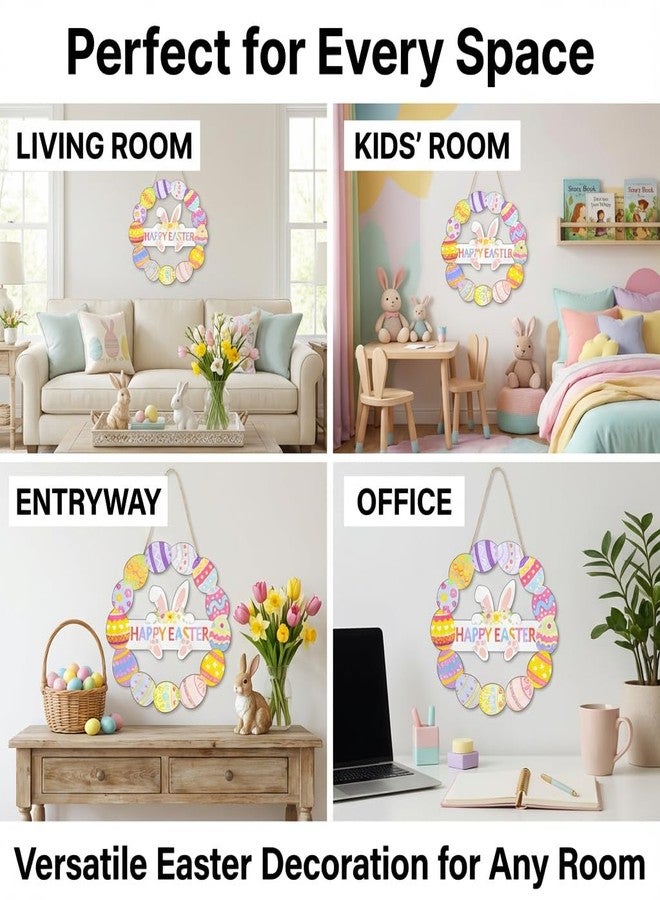 Funnysign Vintage Wooden Easter Decor Hollow Bunny Eggs Wreath Sign for Front Door Entryway Living Room Kids Room Office Decor 11×11 Inch - Image 3