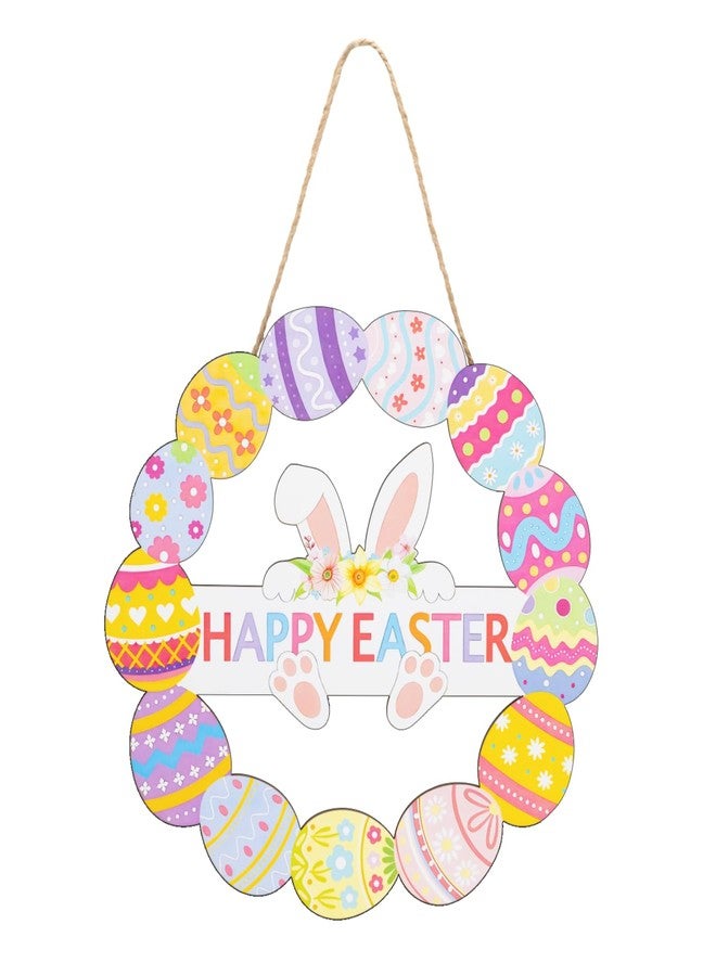 Funnysign Vintage Wooden Easter Decor Hollow Bunny Eggs Wreath Sign for Front Door Entryway Living Room Kids Room Office Decor 11×11 Inch - Image 1