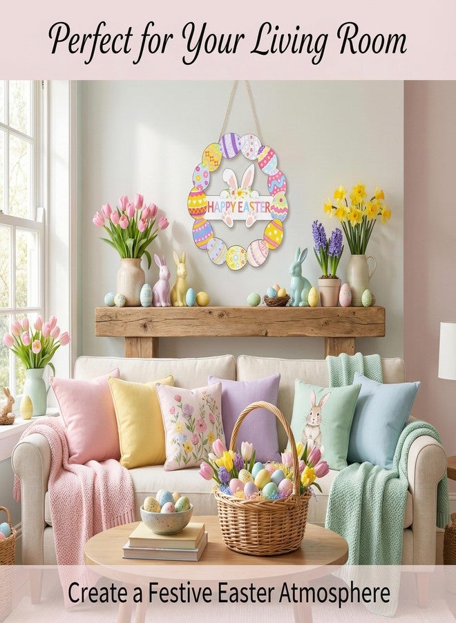 Funnysign Vintage Wooden Easter Decor Hollow Bunny Eggs Wreath Sign for Front Door Entryway Living Room Kids Room Office Decor 11×11 Inch - Image 5