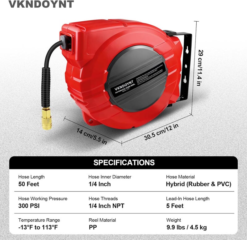 Vkndoynt Retractable Air Hose Reel, 1/4 inch x 50 Feet - Image 4