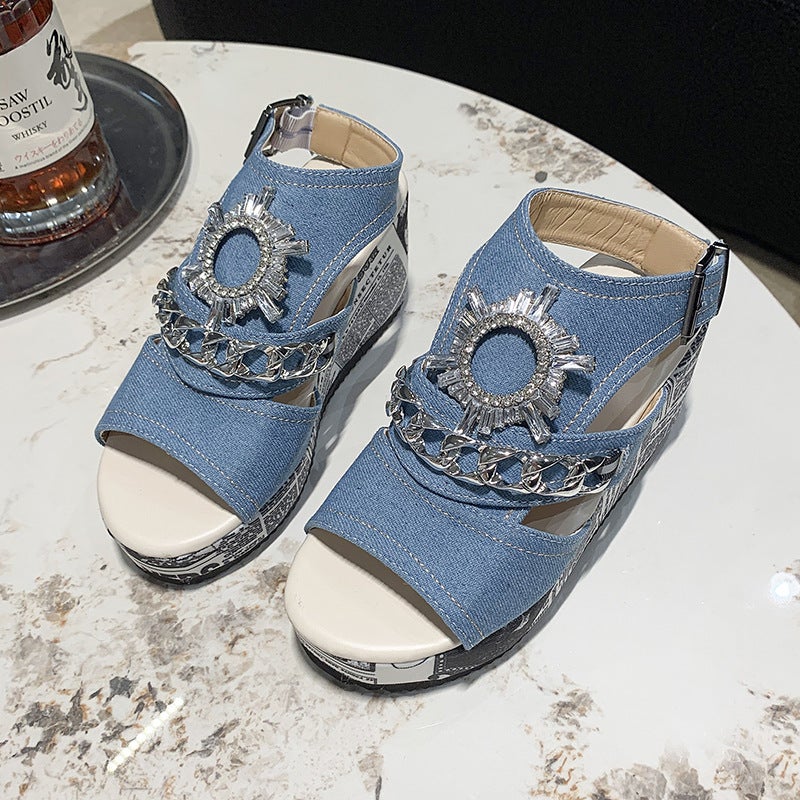 Plus Size Wedge Heel Denim Round Toe Peep Toe Sandals Fashion Joker Rhinestone High Heels - Image 3
