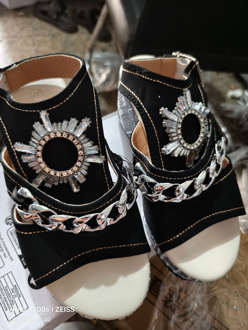 Plus Size Wedge Heel Denim Round Toe Peep Toe Sandals Fashion Joker Rhinestone High Heels - Image 1