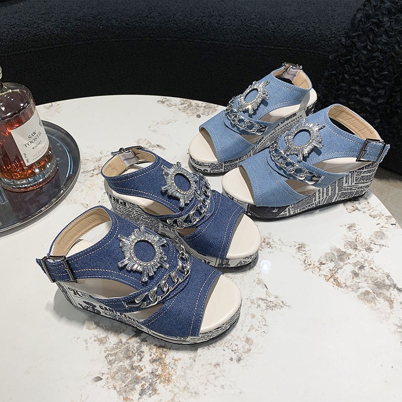 Plus Size Wedge Heel Denim Round Toe Peep Toe Sandals Fashion Joker Rhinestone High Heels - Image 2