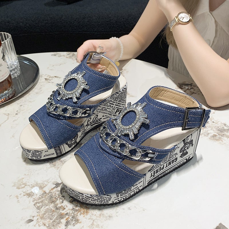 Plus Size Wedge Heel Denim Round Toe Peep Toe Sandals Fashion Joker Rhinestone High Heels - Image 4