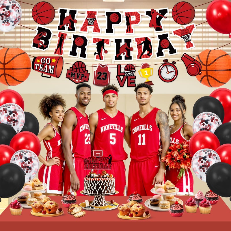 LUUFILx Basketball Party Decorations for Boys Men Black Red Basketball Happy Birthday Banner Balloons Arch Cake Topper Paper Lanterns Supplies for Sport Basketball Theme Party Decor - Image 4