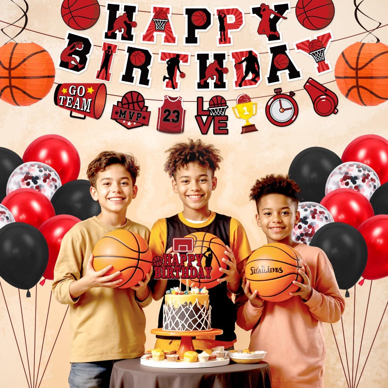 LUUFILx Basketball Party Decorations for Boys Men Black Red Basketball Happy Birthday Banner Balloons Arch Cake Topper Paper Lanterns Supplies for Sport Basketball Theme Party Decor - Image 2
