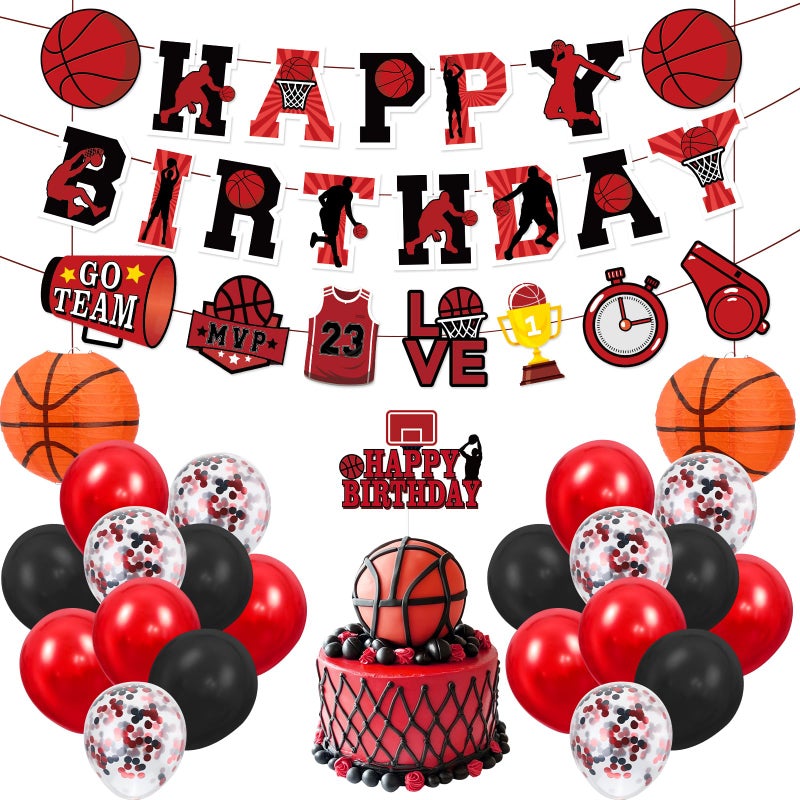 LUUFILx Basketball Party Decorations for Boys Men Black Red Basketball Happy Birthday Banner Balloons Arch Cake Topper Paper Lanterns Supplies for Sport Basketball Theme Party Decor - Image 1