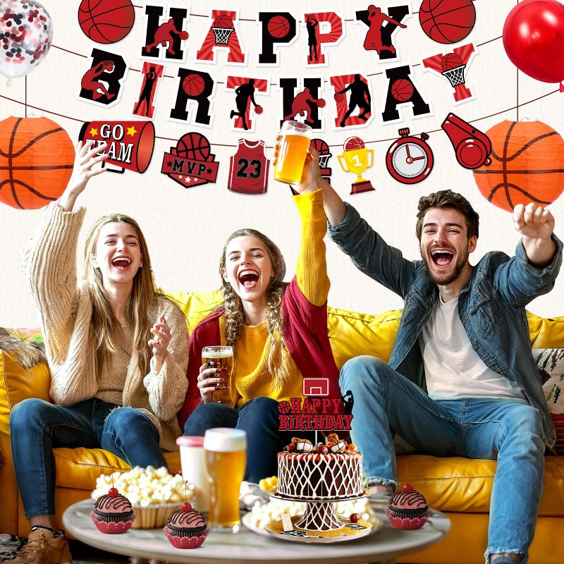LUUFILx Basketball Party Decorations for Boys Men Black Red Basketball Happy Birthday Banner Balloons Arch Cake Topper Paper Lanterns Supplies for Sport Basketball Theme Party Decor - Image 3