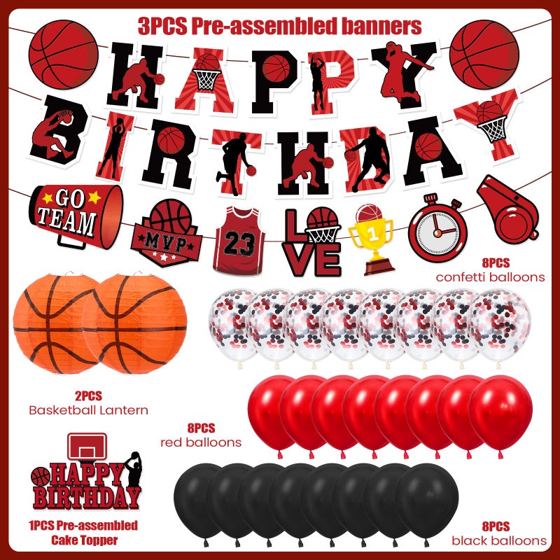 LUUFILx Basketball Party Decorations for Boys Men Black Red Basketball Happy Birthday Banner Balloons Arch Cake Topper Paper Lanterns Supplies for Sport Basketball Theme Party Decor - Image 5