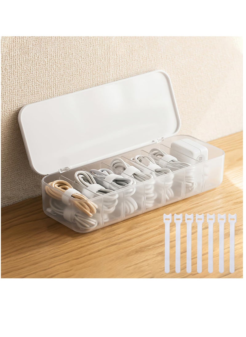 Excefore Cable Organizer Storage Box with 7 Wire Ties, Desktop Cable Management Box with Lid, Power Cord Organizer with 7 Compartments for Office, Home, Desk Accessories Storage Stationery Supplies White  - Image 1