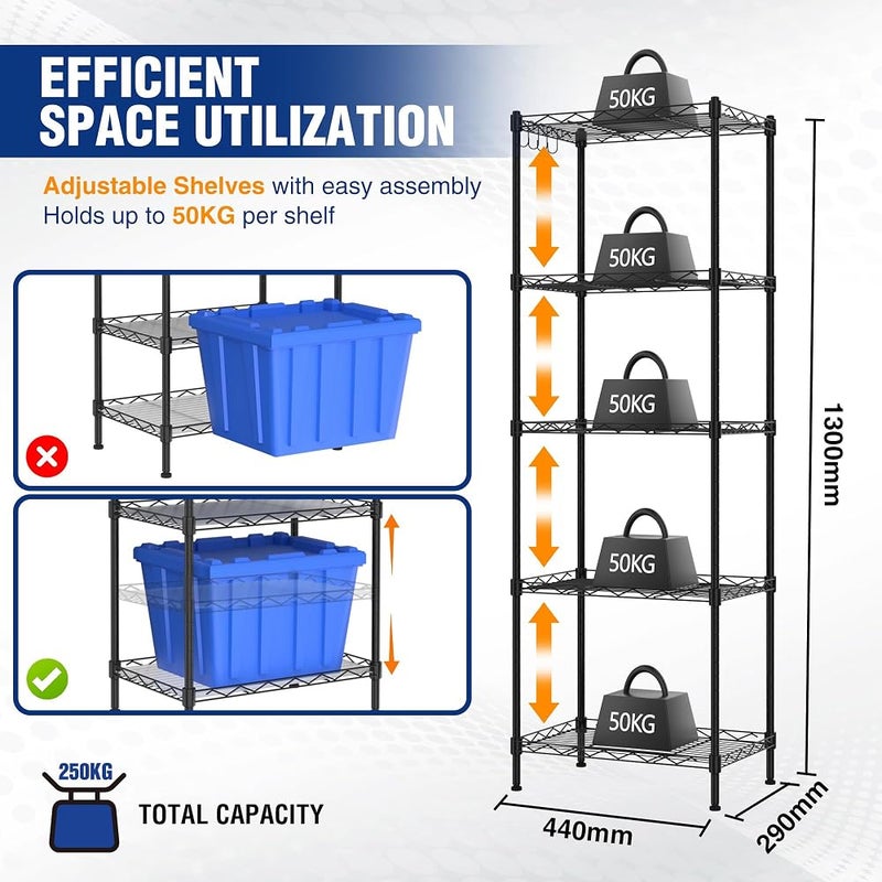 WORKPRO 5-Tier Metal Shelving Unit, Height Adjustable Storage Rack 250 kg Capacity, Adjustable Shelves, Levelling Feet, Boltless Design, Steel Frame - Image 2