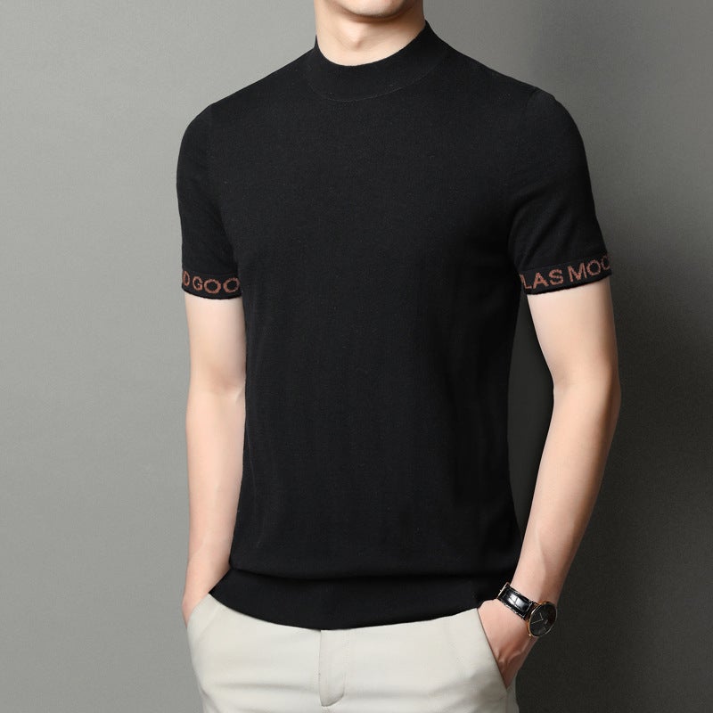 Short-sleeved sweater men's T-shirt all wool 2023 spring and summer wear young and middle-aged men's base sweater semi-turtleneck sweater - Image 1