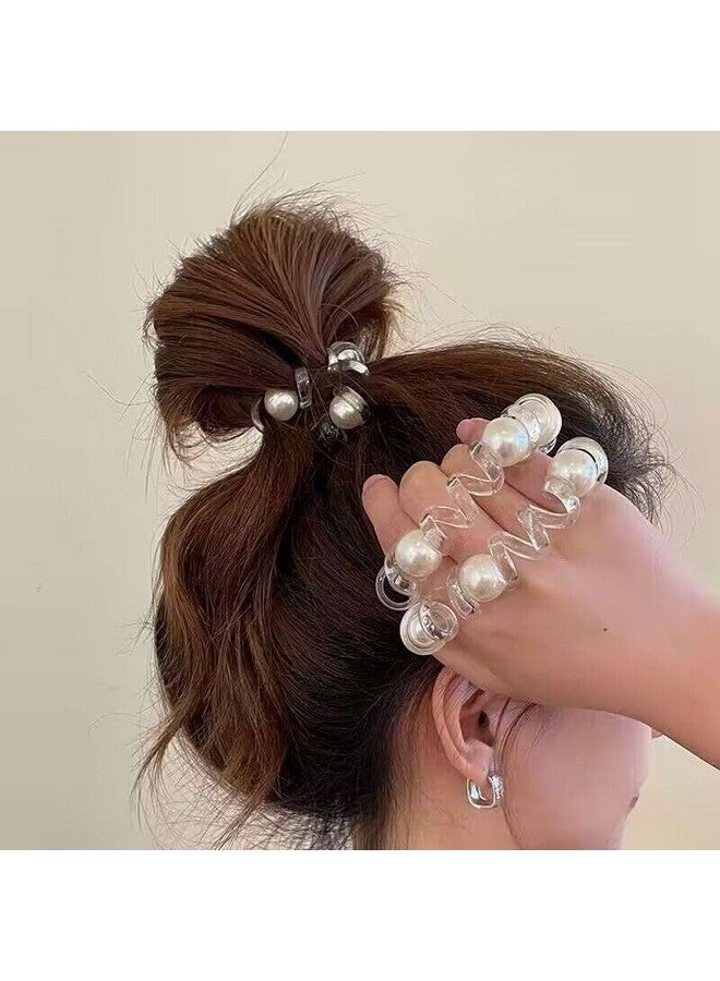ZAVVU KRIZOUS ZAVVU & KRIZOUS Pearl Transparent Telephone Line Hair Bands, Fashionable Beaded Rubber Band Ponytail Hair Rope Leather Cover Hair Rope For Women, Elastic Ponytail Bracelet, 2 Pcs - Multi Design. - Image 2