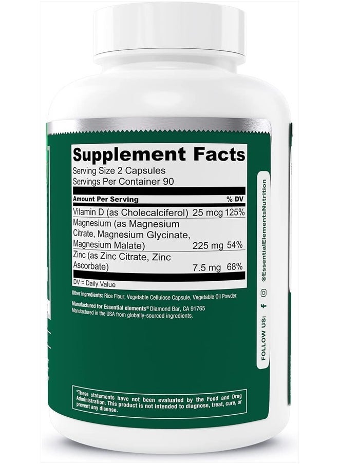 Essential Elements - Magnesium & Zinc with Vitamin D3 for Sleep Immune & Bone Support - Magnesium Glycinate, Malate, Citrate 200mg - Triple Magnesium Supplement for Women and Men - 6 Month Supply - Image 1