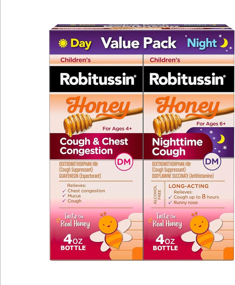 Robitussin Childrens Honey Cough and Chest Congestion DM and Childrens Robitussin Honey Nighttime Cough DM Value Pack of Childrens Cough Medicine  2 x 4 Fl Oz Bottles - Image 1