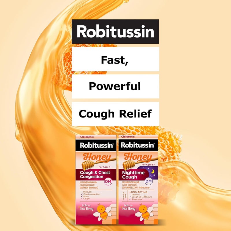 Robitussin Childrens Honey Cough and Chest Congestion DM and Childrens Robitussin Honey Nighttime Cough DM Value Pack of Childrens Cough Medicine  2 x 4 Fl Oz Bottles - Image 3