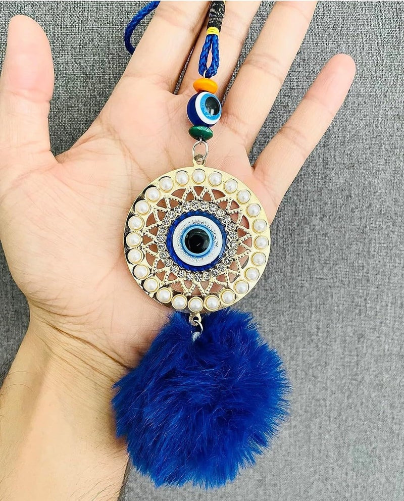 WARMINGO DE Evil Eye Hanging For Home, Car & Office With Soft Fur | Home Entrance Nazar Battu | Hanging For Good Luck & Prosperity | Blue Fabric Hanging - Image 1