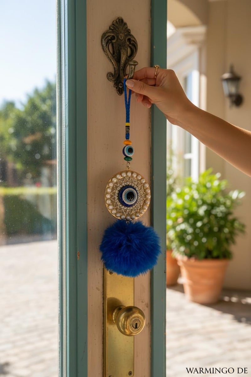 WARMINGO DE Evil Eye Hanging For Home, Car & Office With Soft Fur | Home Entrance Nazar Battu | Hanging For Good Luck & Prosperity | Blue Fabric Hanging - Image 3