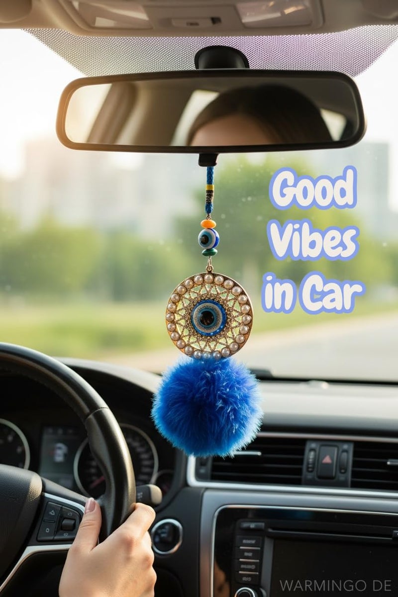 WARMINGO DE Evil Eye Hanging For Home, Car & Office With Soft Fur | Home Entrance Nazar Battu | Hanging For Good Luck & Prosperity | Blue Fabric Hanging - Image 2