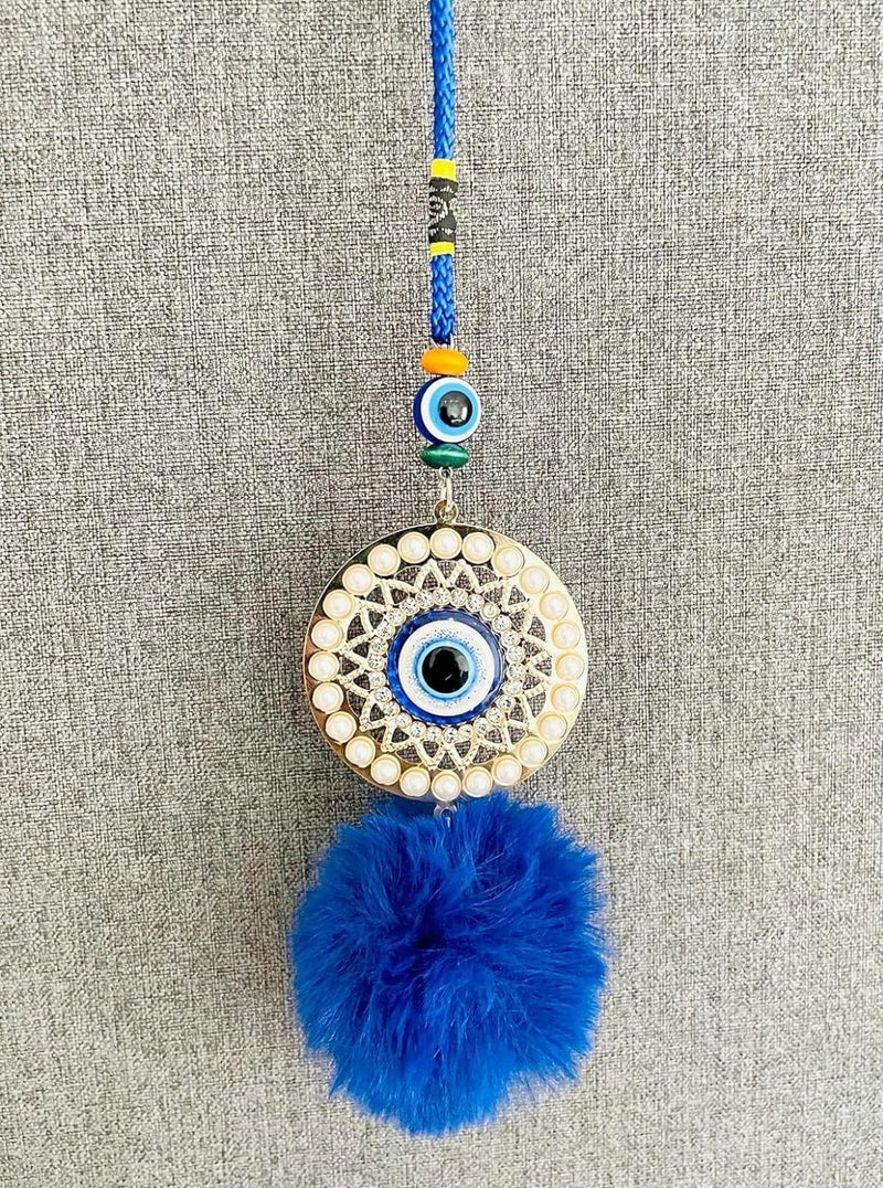 WARMINGO DE Evil Eye Hanging For Home, Car & Office With Soft Fur | Home Entrance Nazar Battu | Hanging For Good Luck & Prosperity | Blue Fabric Hanging - Image 4