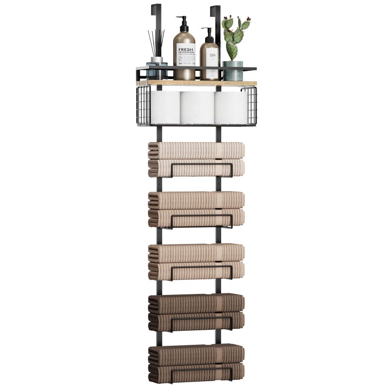 Aetyord Towel Racks for Bathroom Over The Door Towel Racks Towel Storage Organizer with Metal Shelf Basket for Bathroom Rv Camper (7-Tier Black with Wood Plank) - Image 1