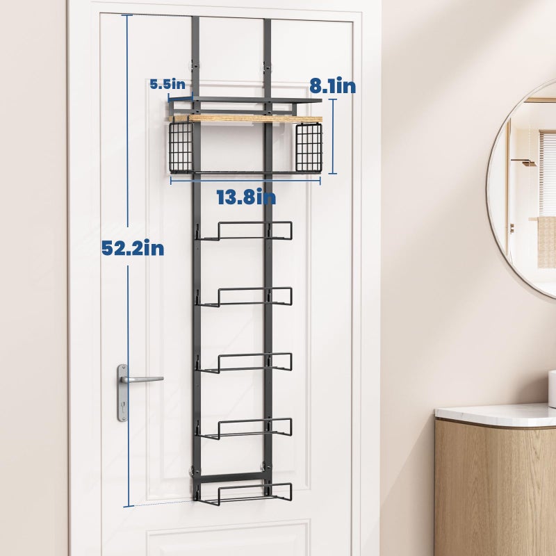Aetyord Towel Racks for Bathroom Over The Door Towel Racks Towel Storage Organizer with Metal Shelf Basket for Bathroom Rv Camper (7-Tier Black with Wood Plank) - Image 4
