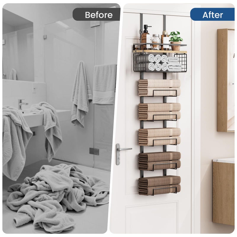 Aetyord Towel Racks for Bathroom Over The Door Towel Racks Towel Storage Organizer with Metal Shelf Basket for Bathroom Rv Camper (7-Tier Black with Wood Plank) - Image 5