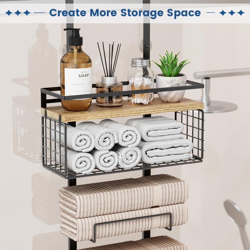 Aetyord Towel Racks for Bathroom Over The Door Towel Racks Towel Storage Organizer with Metal Shelf Basket for Bathroom Rv Camper (7-Tier Black with Wood Plank) - Image 3