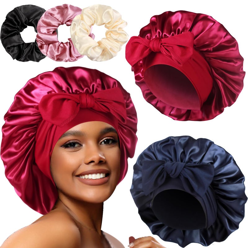 Heniho 2+3 Large Satin Bonnets with Scrunchies for Women, Hair Bonnet Sleeping Tie Bonnet for Braids Curly Hair, G - Image 1