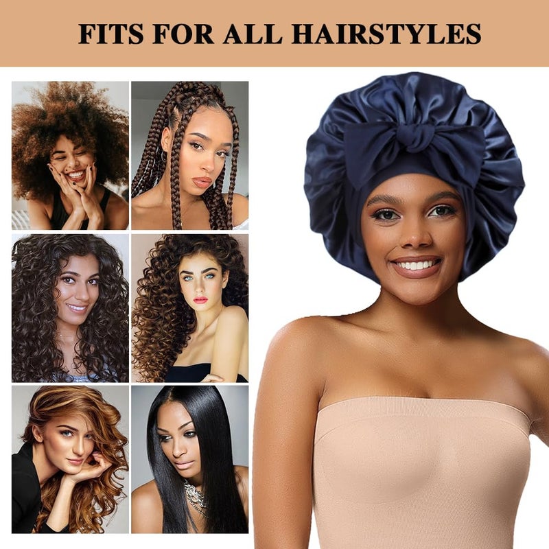 Heniho 2+3 Large Satin Bonnets with Scrunchies for Women, Hair Bonnet Sleeping Tie Bonnet for Braids Curly Hair, G - Image 4
